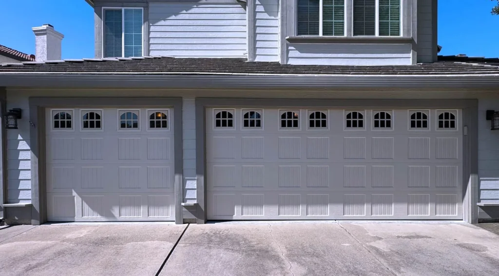 Garage door replacement contractor installing white carriage-style doors with decorative windows for homeowners searching best garage door replacement near me, garage door replace near me, and cost to replace garage door.