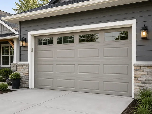 Garage door replacement near me featuring a modern paneled door with decorative windows for homeowners planning garage door replacement, comparing garage door replacement cost, selecting a replacement garage door, or looking to replace garage door systems.