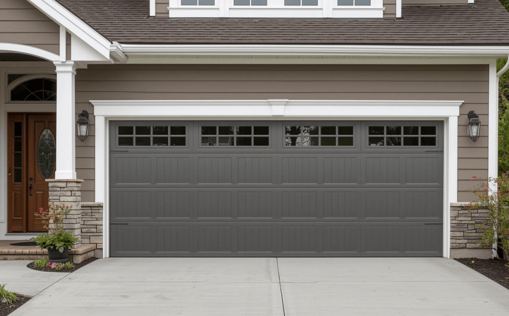 Garage door replacement contractor installing a modern dark gray door with decorative windows for homeowners searching best garage door replacement near me, garage door replace near me, and cost to replace garage door.